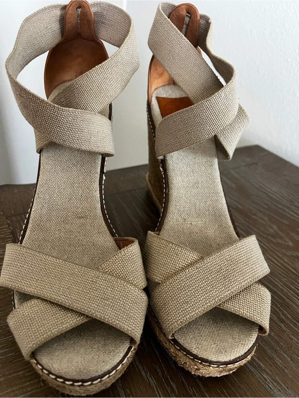 Tory Burch Adonis Wedge Espadrille Sandal 11 Gold Khaki Platform Logo EUC $398